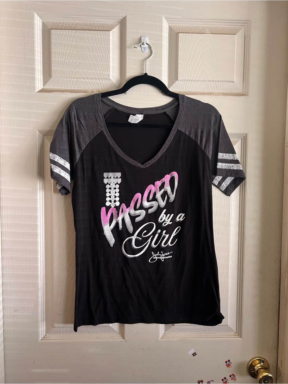 District Girls' Black & Gray 'Passed by a Girl' V-Neck Tee with Pink Accent